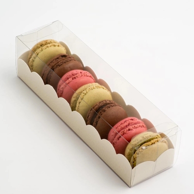 PET Çok Özellikli Çikolatalı Bisküvi Macaron Kek Hediye Kutusu Fildişi Tahta