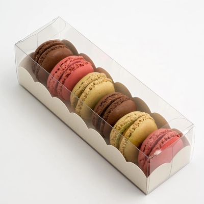 PET Çok Özellikli Çikolatalı Bisküvi Macaron Kek Hediye Kutusu Fildişi Tahta